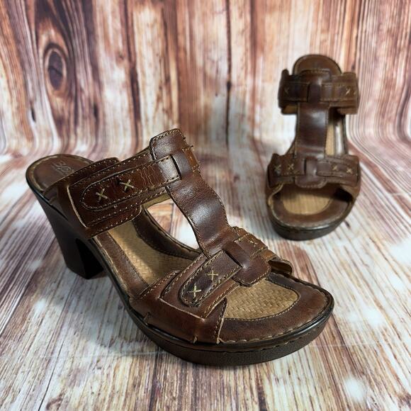 Børn Shoes - Born Womens Size 9 Brown Leather Block Heel Mule Slide Sandals Open Toe Shoes